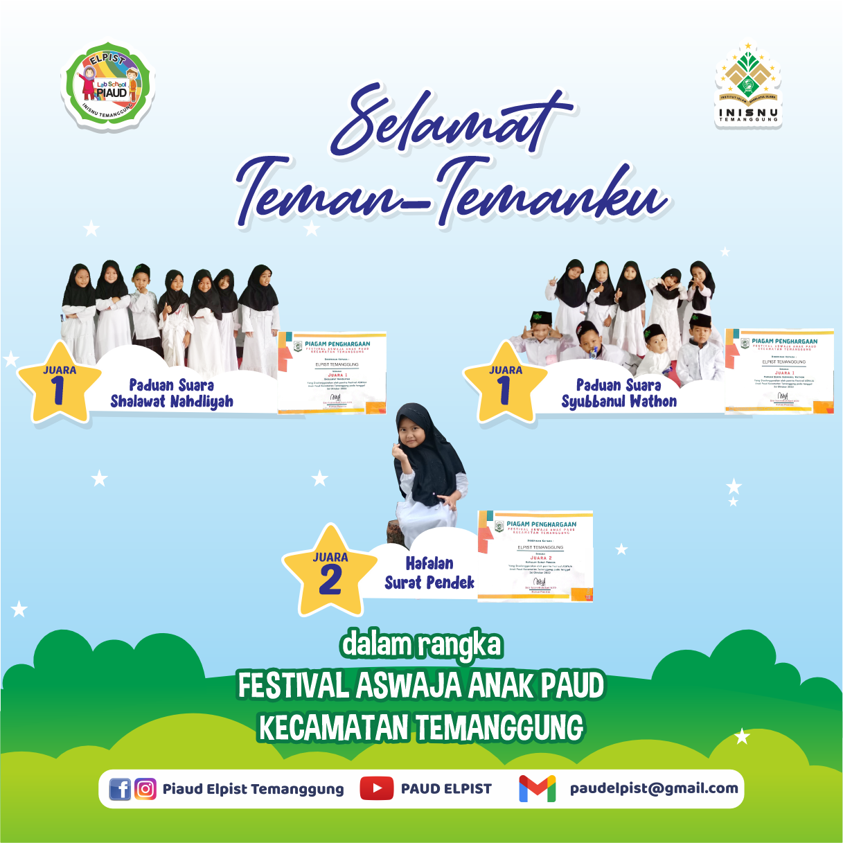 Berprestasi, TK ELPIST Borong Piala Festival Aswaja - INISNU Temanggung